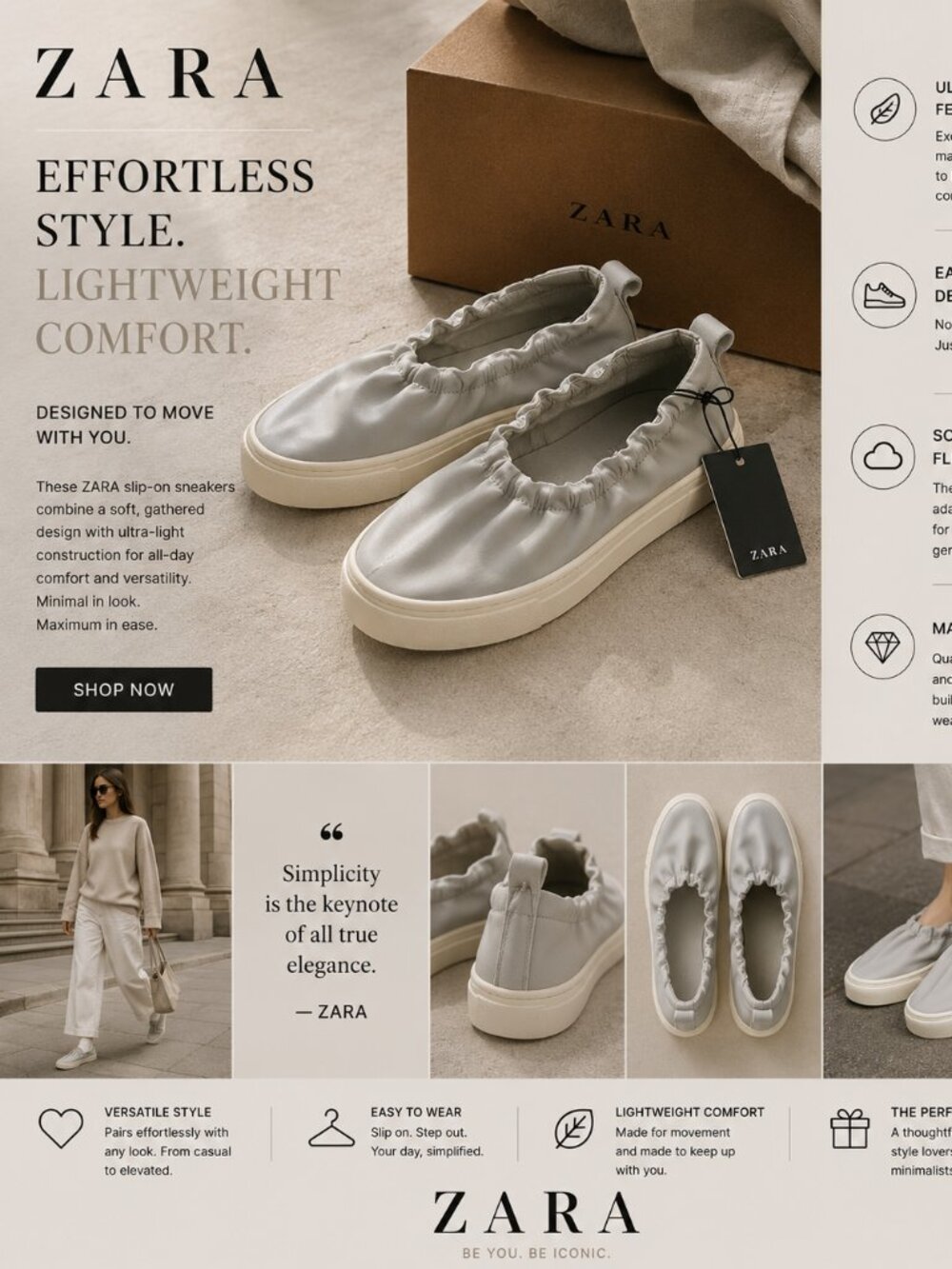 ZARA Gathered Slip-On Sneakers – Minimal Comfort Collection Size 7.5
